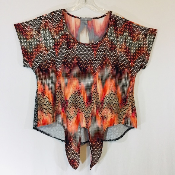 Aztec look,  Crop Top Orange/Black Southwestern High Low Front Tie. XL - Picture 8 of 8
